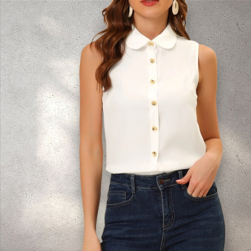 Allegra KSleeveless White Button-Up Blouse Peter Pan Collar Chambray Med NWT